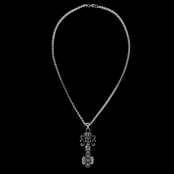 “Skeleton Key” Fancy Embellished Goth Regal Antique Silver Ornate Edgy Necklace - Picture 4 of 6